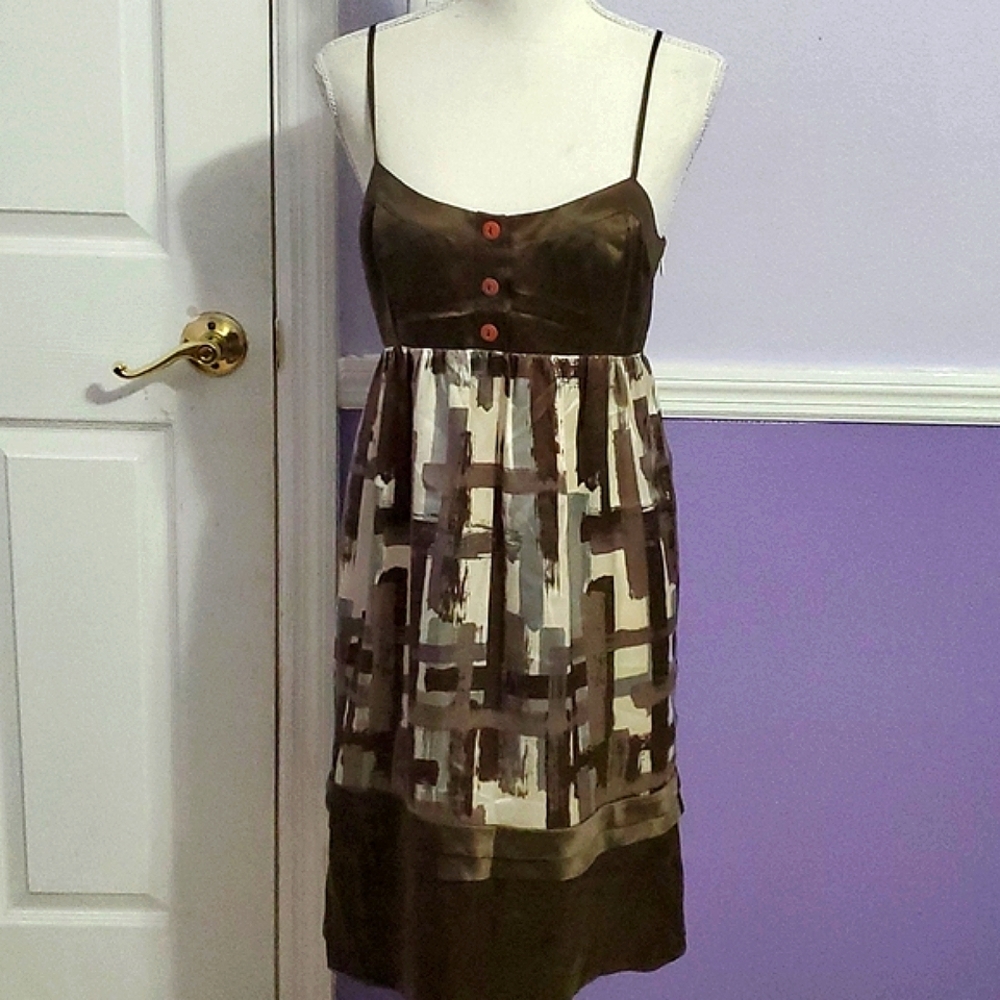Brooklyn Industries Retro 90s Brown Abstract Event Silk Babydoll Midi Dress 2